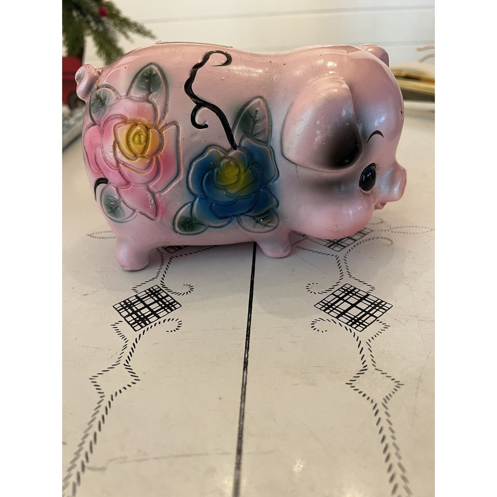 Vtg 1960s Mod Glossy Flirty Piggy Pig Bank Plaster Ceramic Kitsch Flowers Pearl